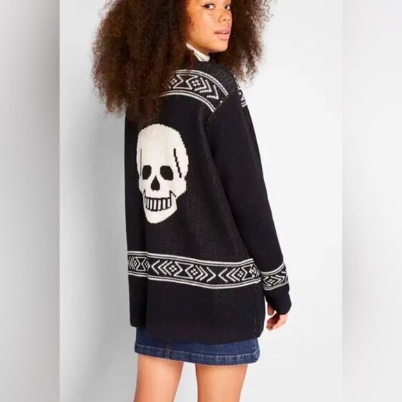 ModCloth Skull 100% Cotton X-Small Black/White Oversized Open Cardigan EUC - Picture 1 of 15